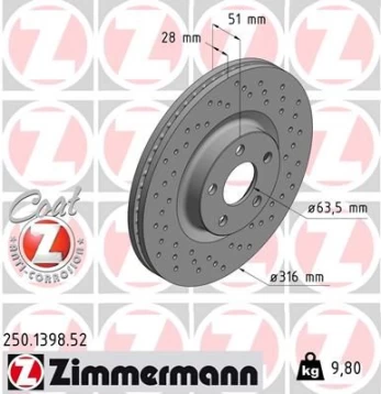 Stabdžių diskas ZIMMERMANN 250.1398.52