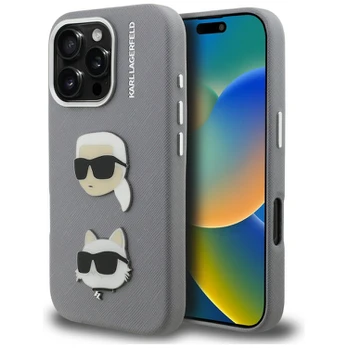 Dėklas Karl Lagerfeld Grained PU K&CH Heads Case for iPhone 16 Pro Max Pilkas