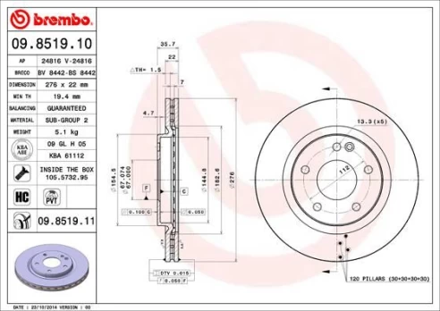 Stabdžių diskas BREMBO 09.8519.11