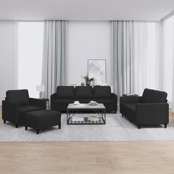 Sofa Sofos komplektas su pagalvėlėmis, 4 dalių, juodas, dirbtinė oda