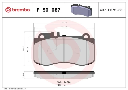 Stabdžių trinkelių rinkinys, diskinis stabdys BREMBO P 50 087