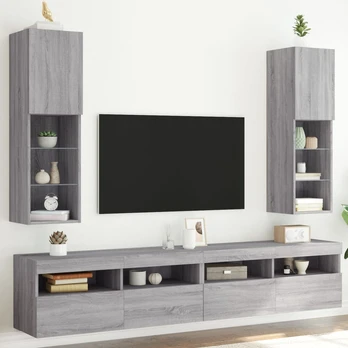 TV spintelės su LED, 2vnt., pilkos ąžuolo, 30,5x30x102cm