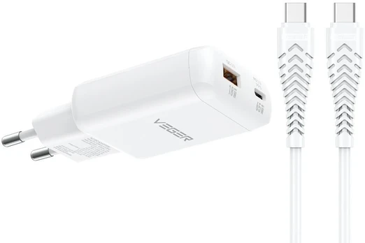Phone charger USB A + Type C PD 65W + data cable Type C to C 100W VEGER TR122 baltas