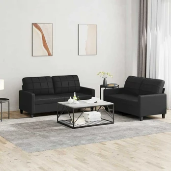 Sofa Sofos komplektas su pagalvėlėmis, 2 dalių, juodas, dirbtinė oda