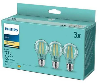 Philips LED Lamp E27 3-Pack 75W 2700K Filament