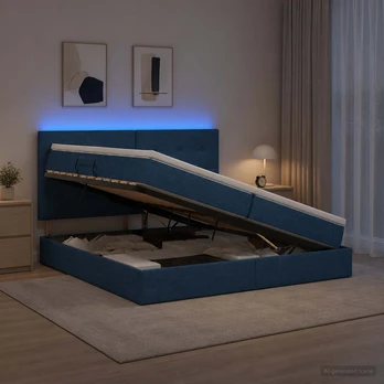 LED saugojimo lova su čiužiniu Mėlyna 200 x 200 cm Audinys