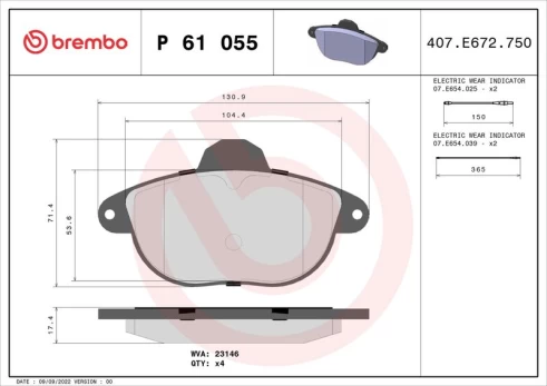 Stabdžių trinkelių rinkinys, diskinis stabdys BREMBO P 61 055