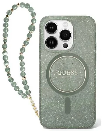 Guess IML Glitter With Pearl Strap MagSafe - dėklas skirtas Apple iPhone 16 Pro Max Žalias