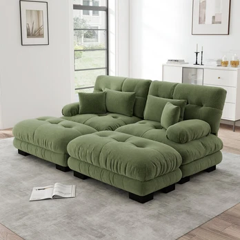 Chenilės kampinė sofa, 2 otomanės, 4 pagalvės, žalia