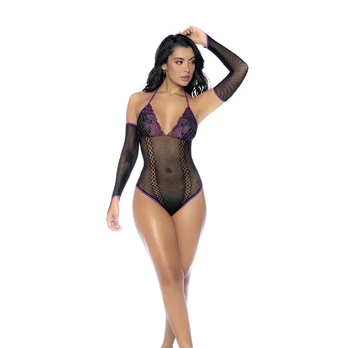 Mapele Fishnet & Lace Bodysuit Set Black/Purple One Size