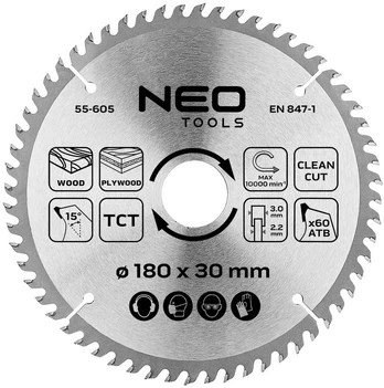 Neo Tools Diskinio pjūklo diskas, Widia, 180 x 30 mm, 60 dantų