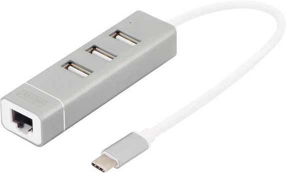 Assmann Electronic DIGITUS USB 2.0 3 prievadų šakotuvas + greitas Ethernet LAN adapteris su C tipo jungtimi