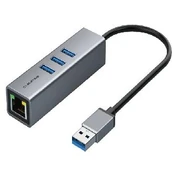 Extra Digital Premium adapteris USB 3.0 - USB 3.0 (3 Ports) + RJ45, 0.15m kaina