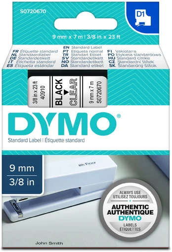 Juostelė DYMO D1, 9x7mm, JUODA/skaidrus pagrindas