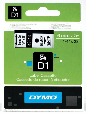 Juostelė DYMO D1, 6 mm, JUODAS šriftas/BALTA juost