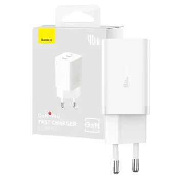 Sieninis įkroviklis Baseus GaN5 40W, 2x USB C (baltas)