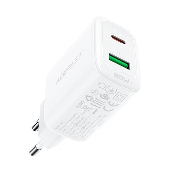 Sieninis įkroviklis "Acefast A25", USB + USB-C, PD 20W (baltas)