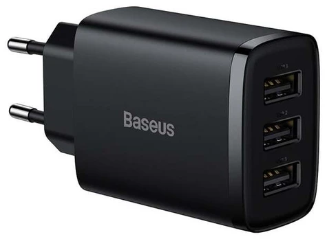 "Baseus" kompaktiškas greitasis įkroviklis, 3x USB, 17 W (juodas)