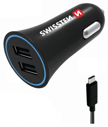 Automobilių įkroviklis 2.4a 2x USB + USB-C Swissten Cable