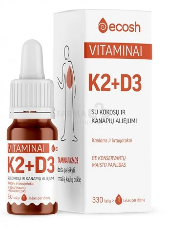 Vitaminai K2 (45μg) + D3 (2000IU, 50μg) ECOSH 10ml