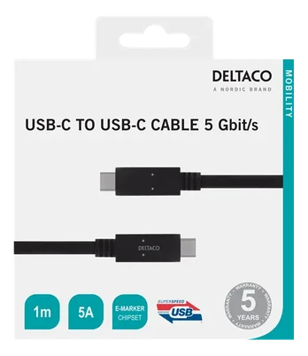 Kabelis DELTACO USBC-1501M USB-C - USB-C, 5Gbit/s, 5A, 1m, juodas