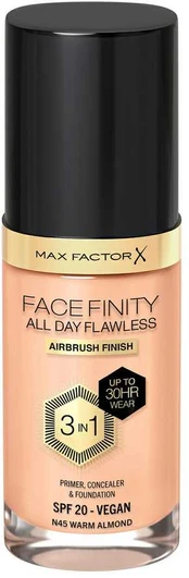 Max Factor Facefinity All Day Flawless 3in1 skystas makiažo pagrindas N45 šiltas migdolas 30 ml