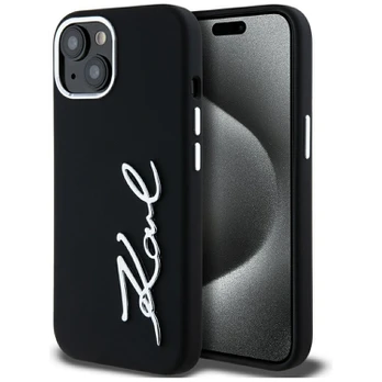 Dėklas Karl Lagerfeld Silicone Metal Script Logo do iPhone 15 juoda