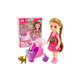 Lean Toys Mini Doll With Accessories Kitty Stroller Rožinė Doll Set