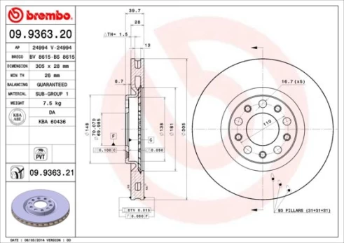 BREMBO 09.9363.21 Brake Disc