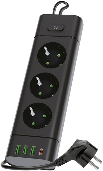 Ilgintuvas, 3-vietis, juodas, 1500mm, su 3xUSB + 1xUSB C