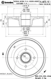 Stabdžių būgnas BREMBO 14.A672.10 kaina