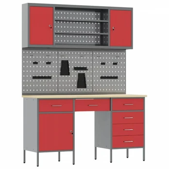 7 dalių darbo spintelė ir pegboard rinkinys Raudonas MDF ir metalas