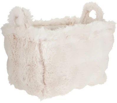 Storage Solutions Rectangular basket with handle, artificial plush fur, beige, 38 x 26 x 24 cm