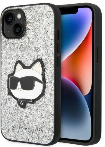 Telefono dėklas Karl Lagerfeld Glitter Choupette Patch, Apple iPhone 14, sidabro