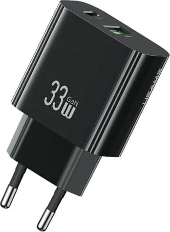 Wall Charger USAMS CC317 T65 33W 1xUSB-C 1xUSB-A Fast Charging juodas