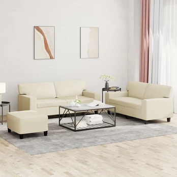 Sofa Sofos komplektas, 3 dalių, kreminės spalvos, dirbtinė oda