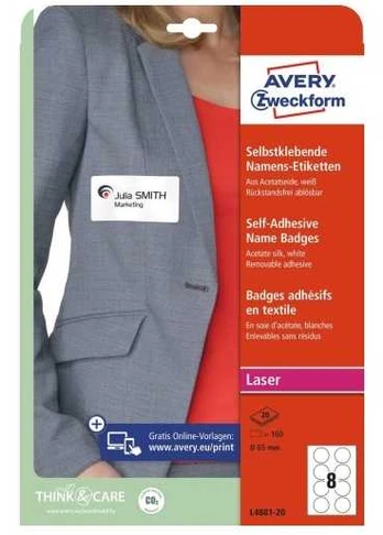 Avery Zweckform Avery L4881-20, Baltas, Round, Removable, A4, lazerinis, 6.5 cm