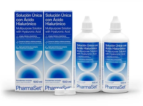 PHARMASET unique solution with hyaluronic acid for soft contact lenses 2 x 500 ml
