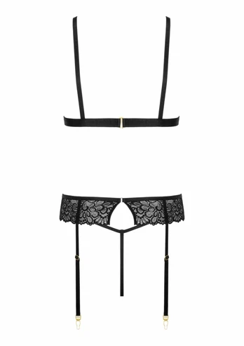 THP108 3-Piece Lingerie Set with Lace, Adjustable Straps, Black
