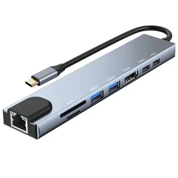 USB-C „Hub 8 in 1“ adapteris su 2 HDMI 4K, Ethernet, SD/TF, PD 100W