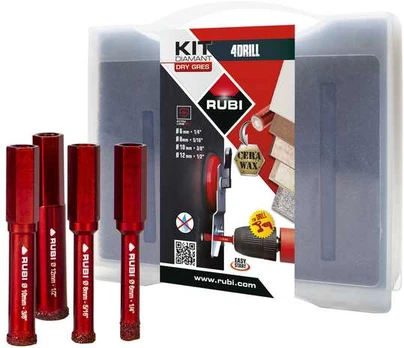 4 deimantinių grąžtų rinkinys keraminėms, gres ir porcelianinėms plytelėms, 6, 8, 10, 12 mm, DryGres 4Drill, Rubi serija [05939]