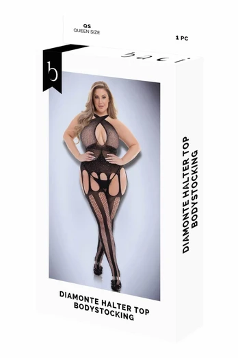 BACI Diamonte Bodystocking Black QS - Sheer Mesh One-Piece Lingerie