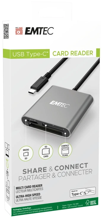 EMTEC T610C - Kartenleser SD CF Micro SD - UHS Class 1 - USB-C 3.1 Gen 1 - CompactFlash (CF Typ 1/CF+) - Micro SD