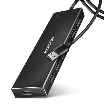Seven-port USB 3.2 Gen 1 hub with charging support. Connector for external power supply. USB