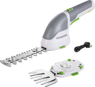 WORKPRO belaidės žolės ir krūmų žirklės 3,6 V Li-ion 2 Ah, 2 ašmenų rūšys, pjovimo plotis 75 mm, baltos