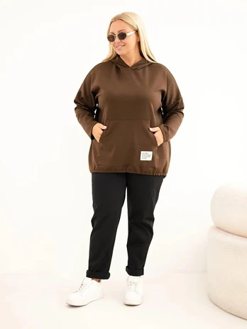 Moteriškas Plus Size džemperis su gobtuvu ir kišene, rudas