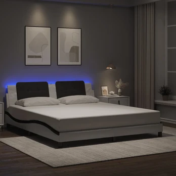 Lovos rėmas su LED, baltas ir juodas, 180x200cm, dirbtinė oda