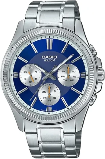 Casio Mtp-1375pd-2a1vef sidabro apyrankė, mėlynas ciferblatas