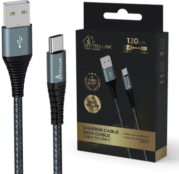 Extralink Smart Life 15W, USB-A - USB-C, 120cm, nylonowy oplot, 5V 2.4A/3A, juoda