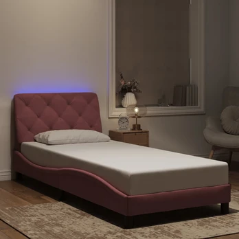 Lovos rėmas su LED, rožinės spalvos, 90x200cm, aksomas